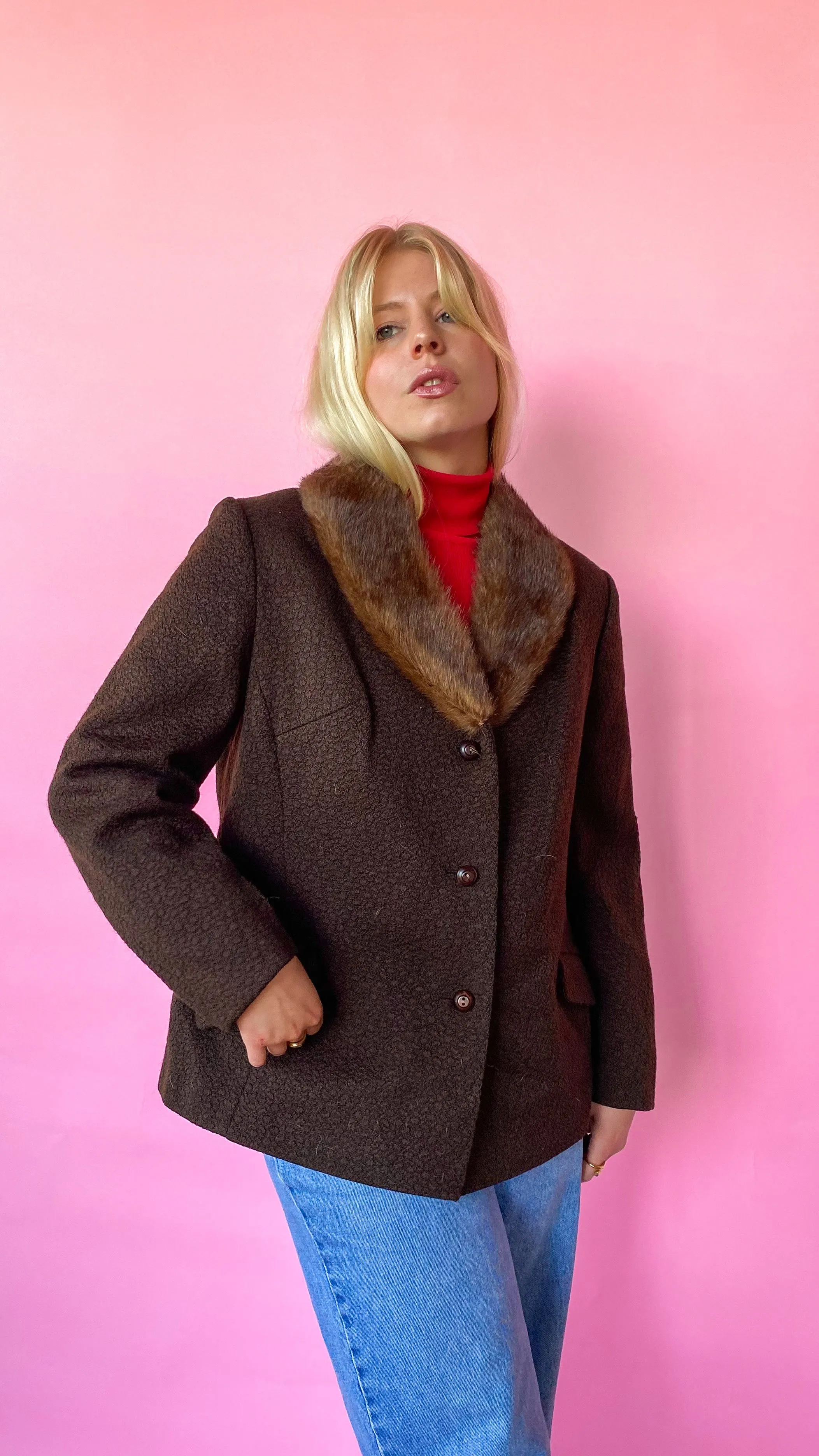 1940s Chocolate Brown Fur Trim Coat, sz. L