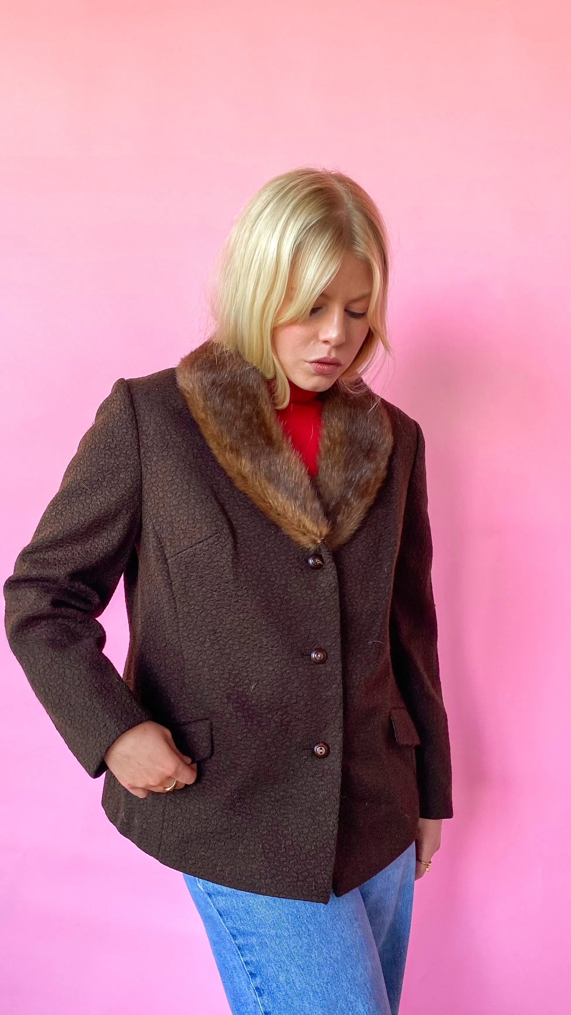 1940s Chocolate Brown Fur Trim Coat, sz. L