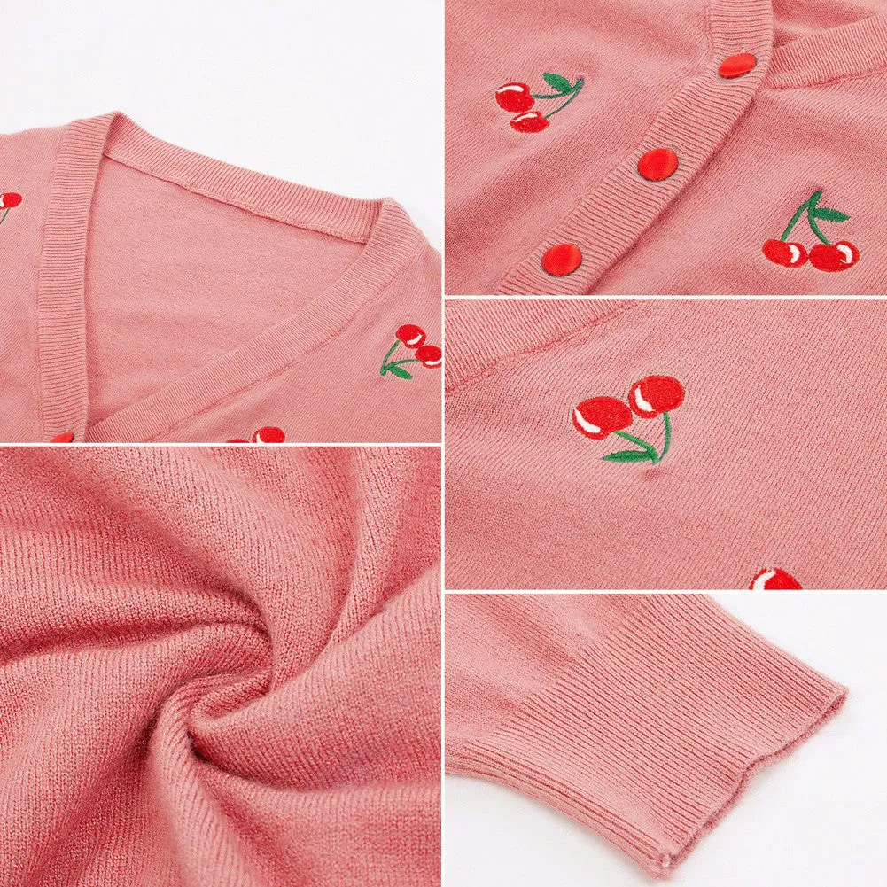 3/4 Sleeve V-Neck Button Down Cherries Embroidery Cropped Cardigan Sweater Coat