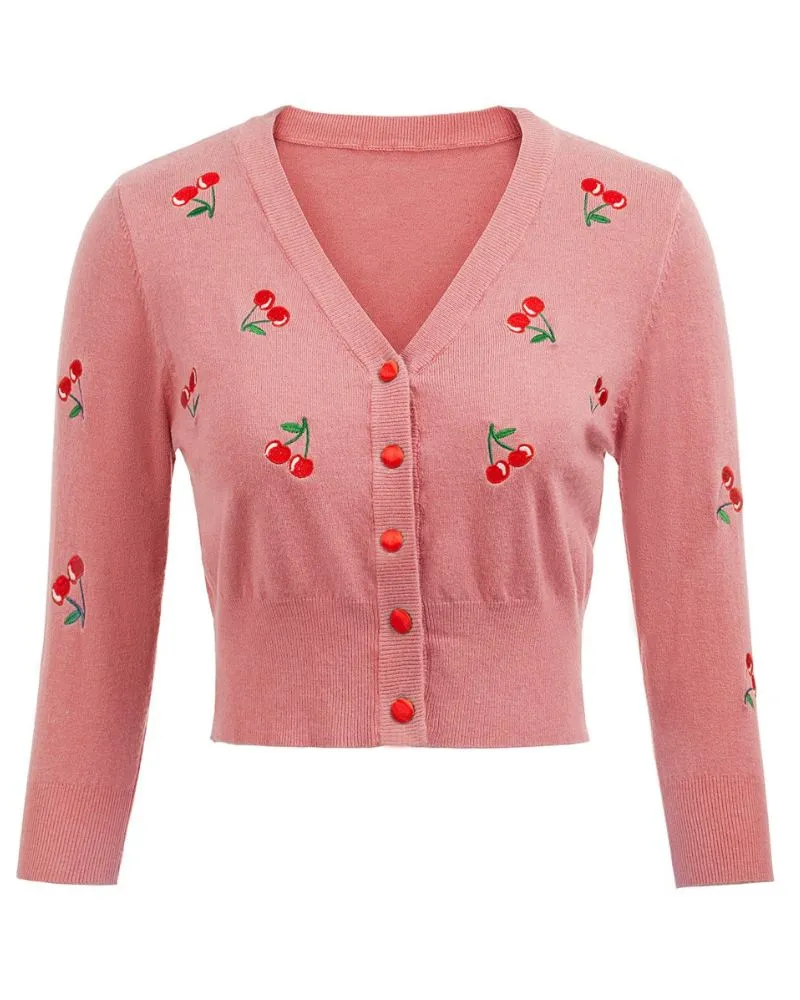 3/4 Sleeve V-Neck Button Down Cherries Embroidery Cropped Cardigan Sweater Coat