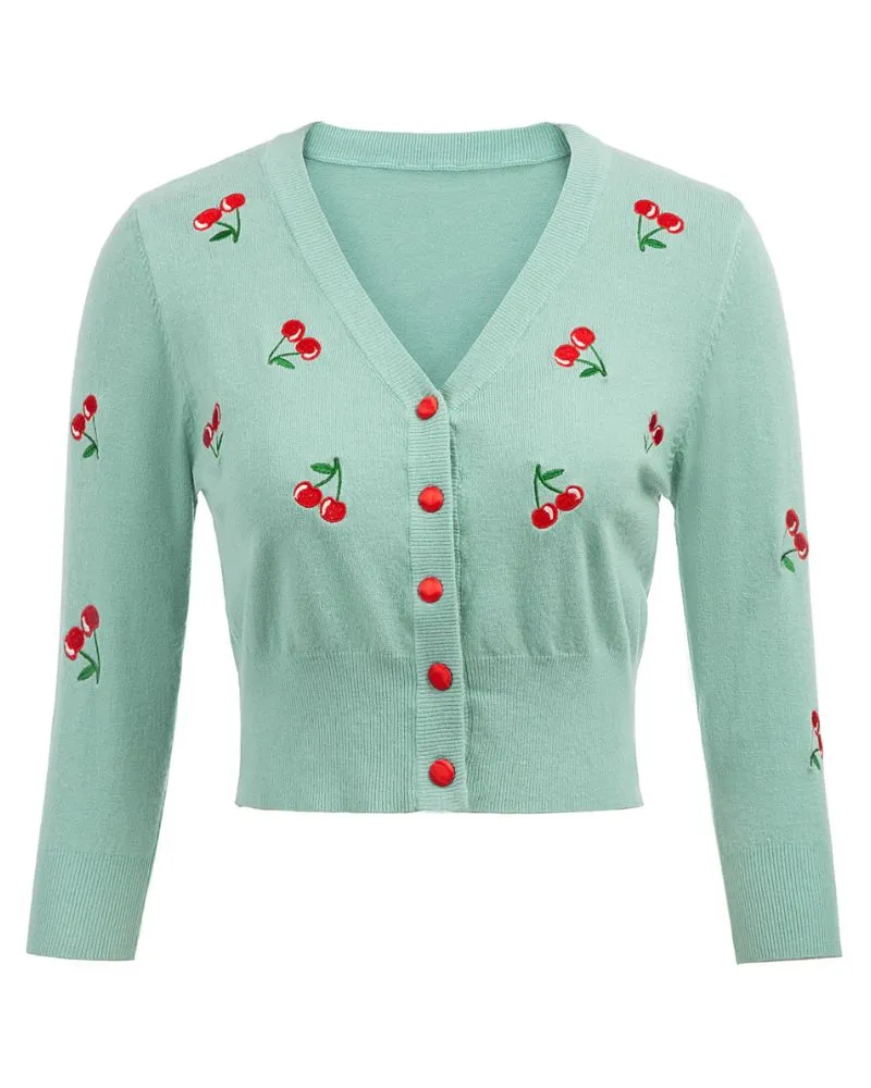 3/4 Sleeve V-Neck Button Down Cherries Embroidery Cropped Cardigan Sweater Coat