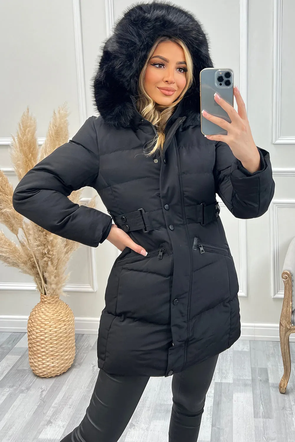 Alana Black Faux Fur Hooded Longline Puffer Coat