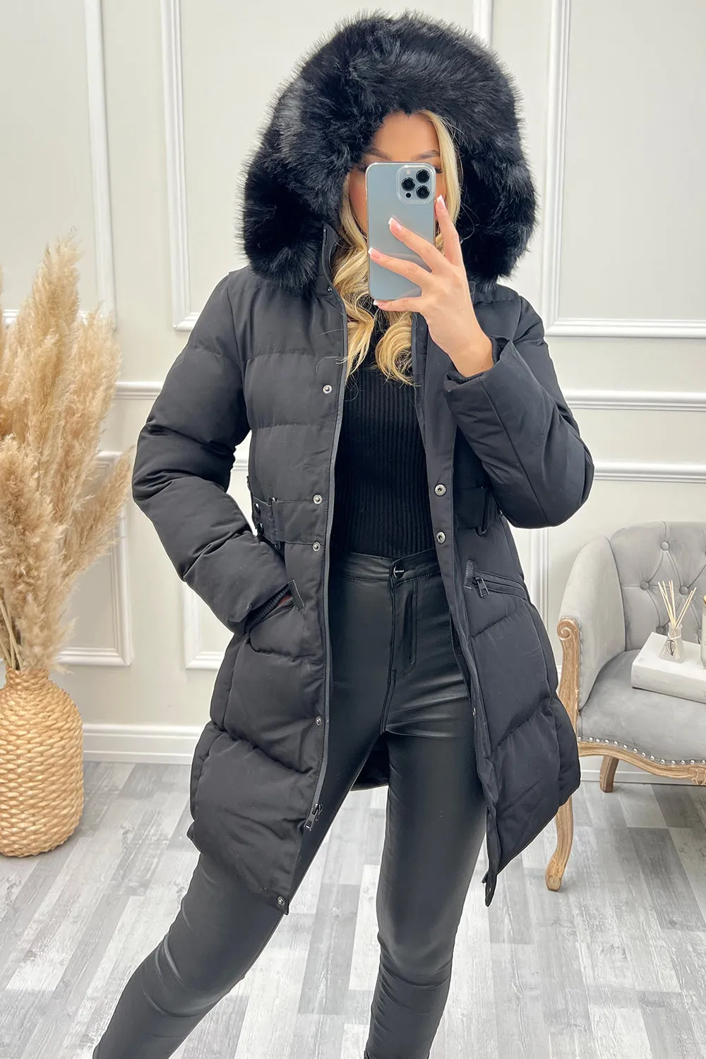 Alana Black Faux Fur Hooded Longline Puffer Coat