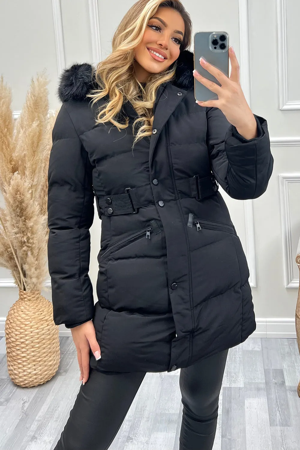 Alana Black Faux Fur Hooded Longline Puffer Coat