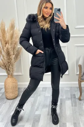 Alana Black Faux Fur Hooded Longline Puffer Coat