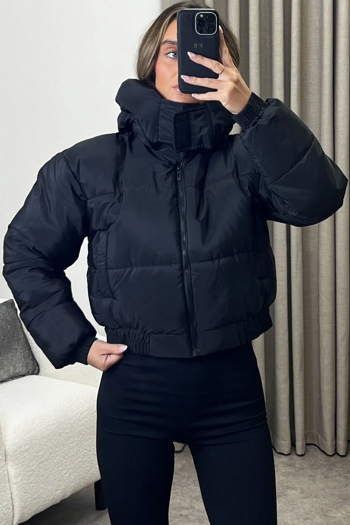 Aleema Black High Neck Padded Cropped Puffer Coat