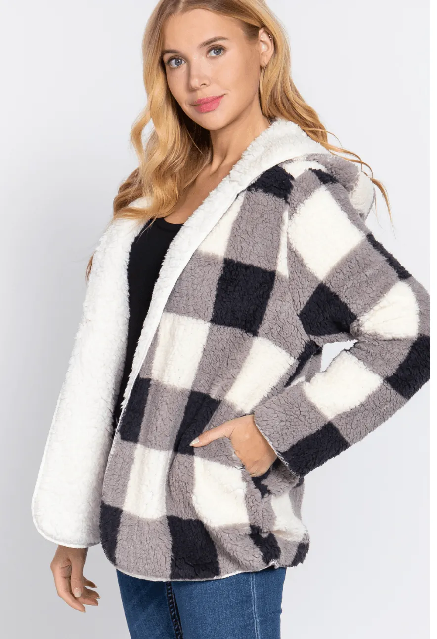 Basic Reversible Long Sleeve Oversized Faux Fur Plaid Long Jacket Pink,Peach/Mauve - J13353