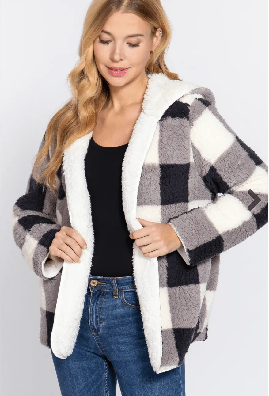 Basic Reversible Long Sleeve Oversized Faux Fur Plaid Long Jacket Pink,Peach/Mauve - J13353