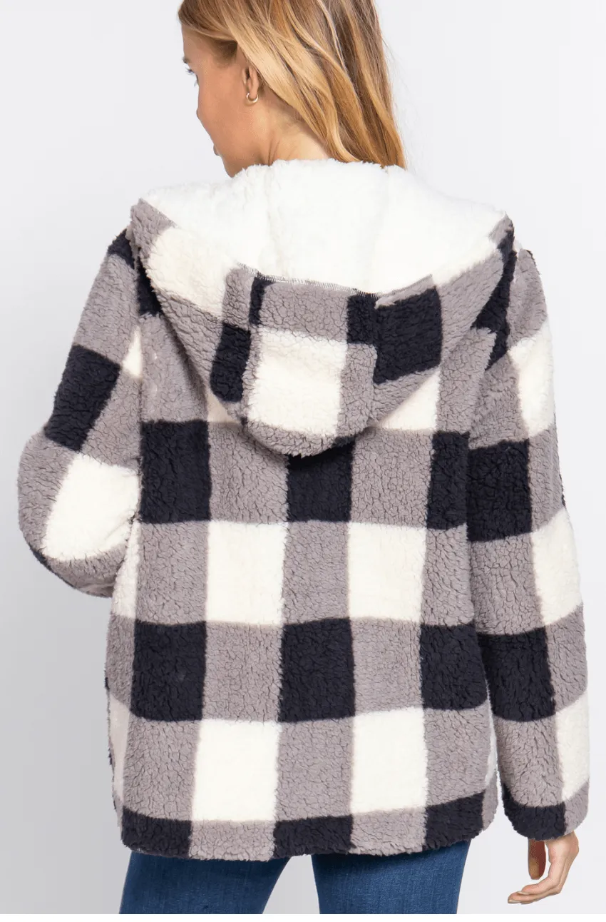 Basic Reversible Long Sleeve Oversized Faux Fur Plaid Long Jacket Pink,Peach/Mauve - J13353