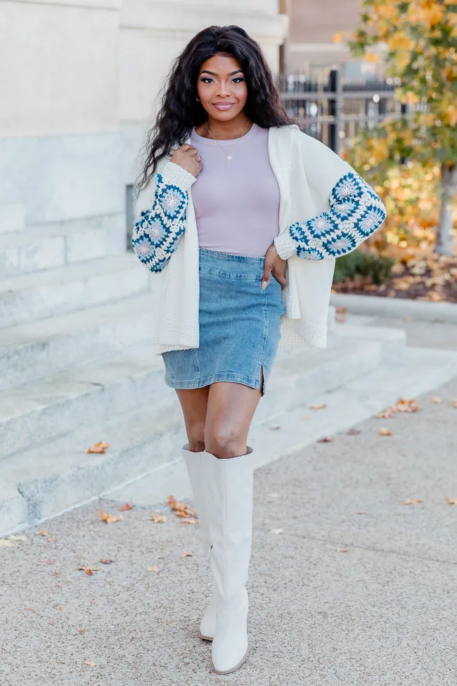 Be Better Ivory and Blue Crochet Sleeve Hooded Cardigan