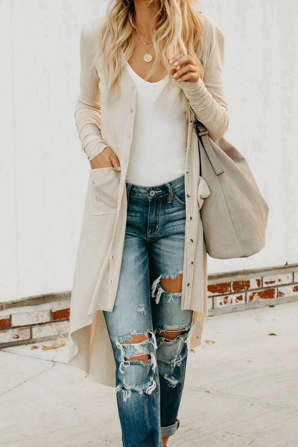 Beige Long Sleeves Button Down Cardigan