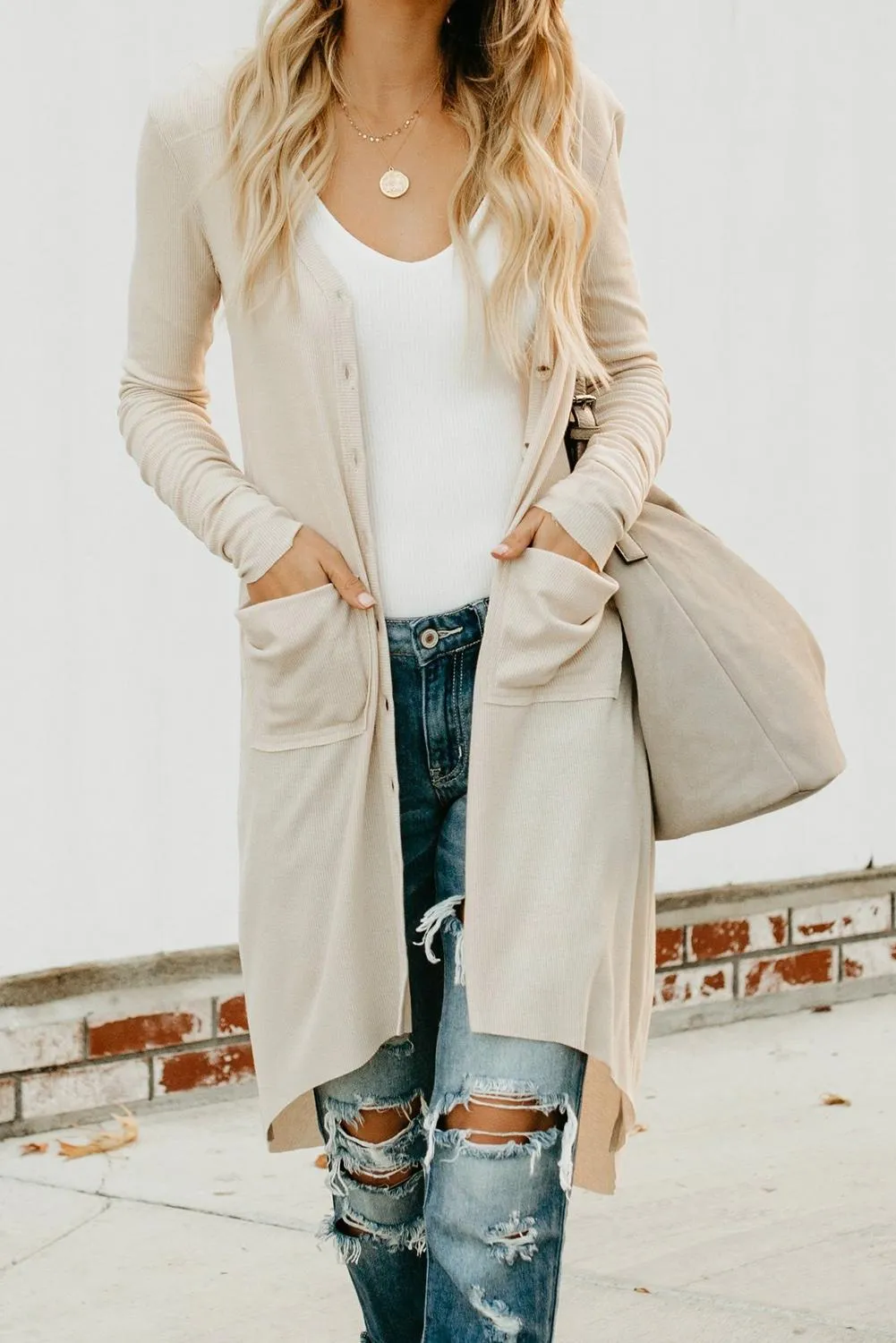 Beige Long Sleeves Button Down Cardigan