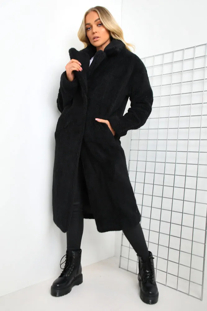 Black Button Longline Teddy Coat