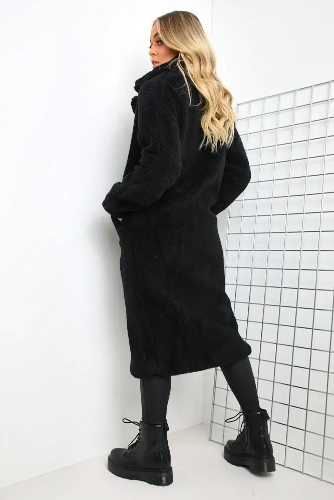 Black Button Longline Teddy Coat