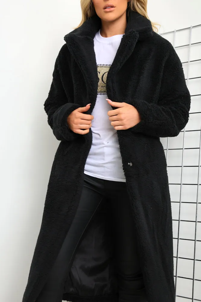 Black Button Longline Teddy Coat