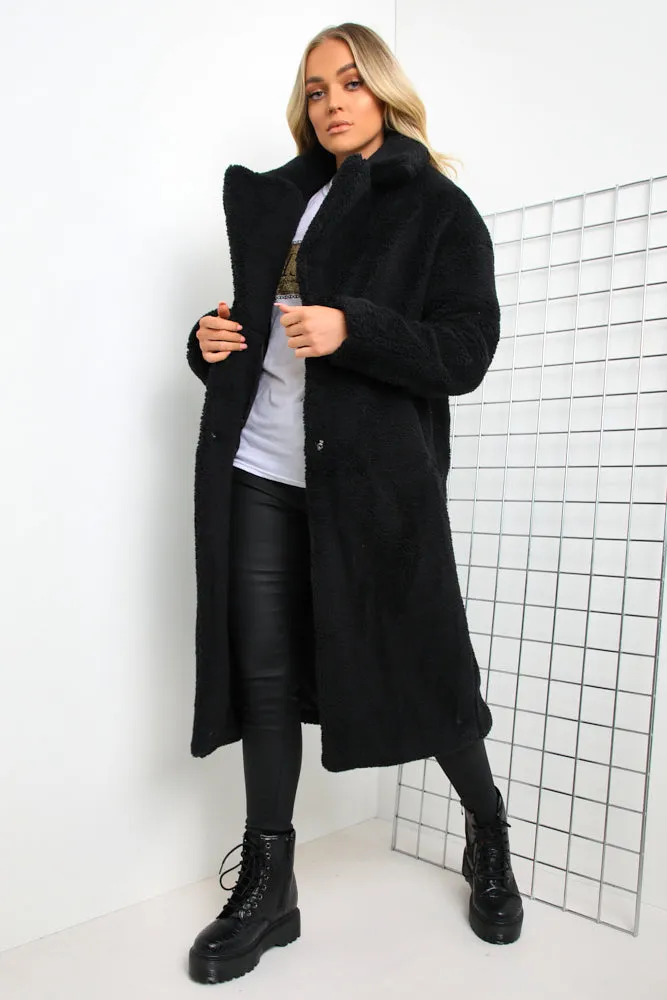 Black Button Longline Teddy Coat