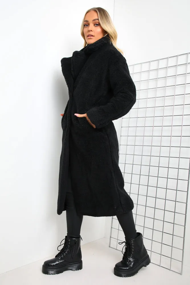 Black Button Longline Teddy Coat