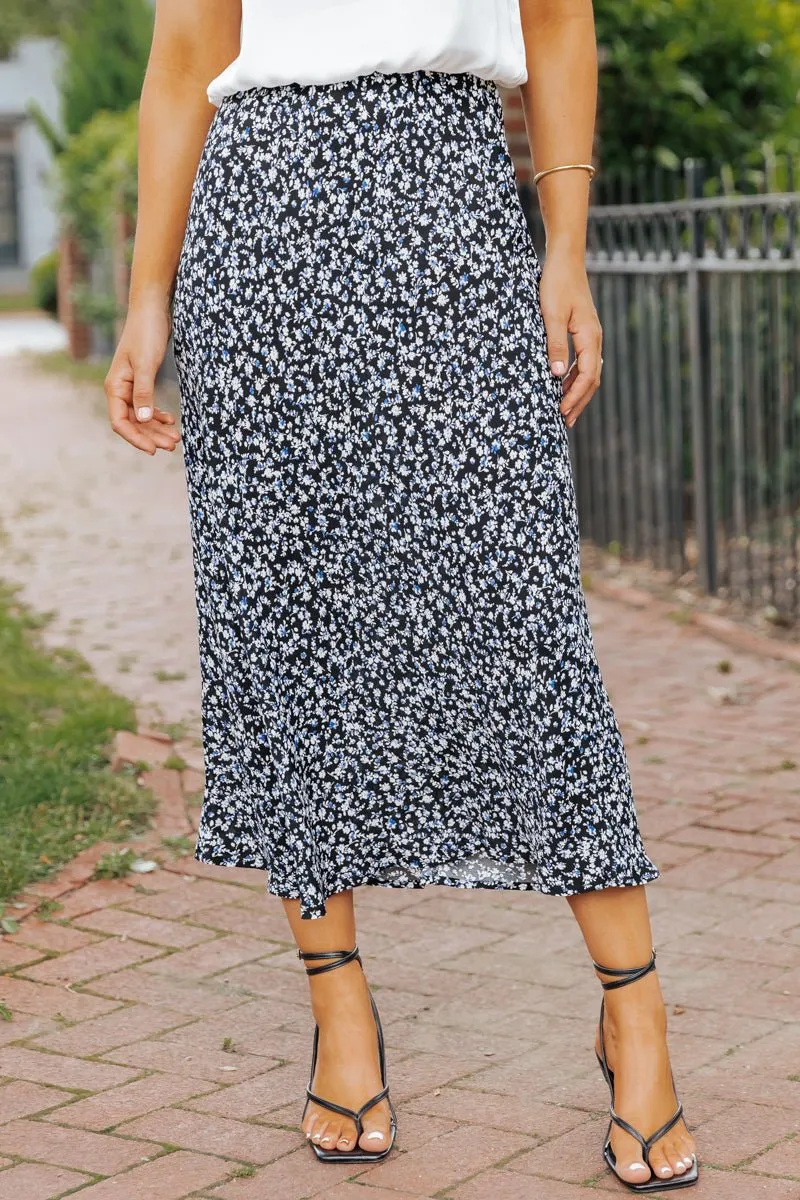 Black Floral Print Straight Midi Skirt - FINAL SALE