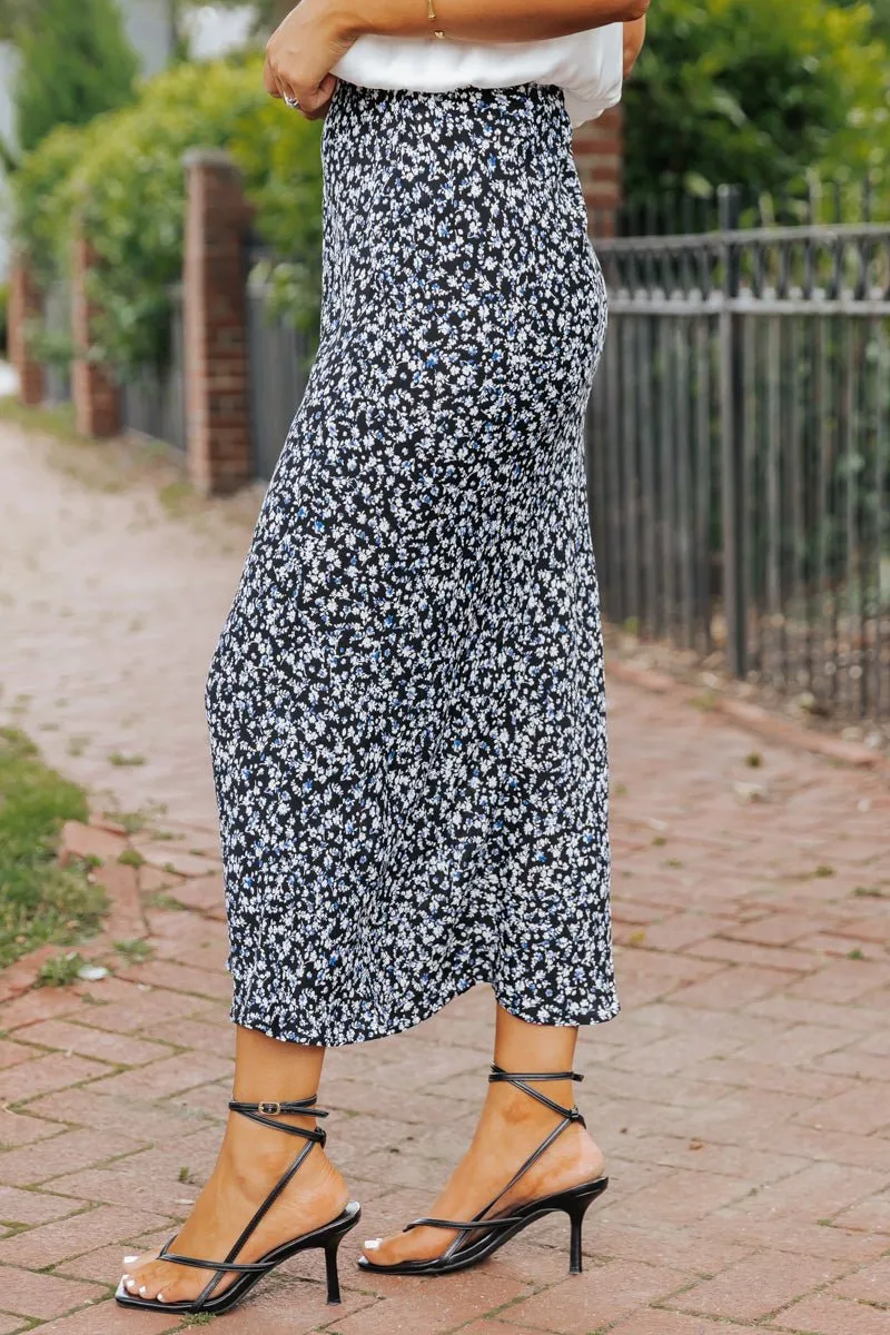 Black Floral Print Straight Midi Skirt - FINAL SALE