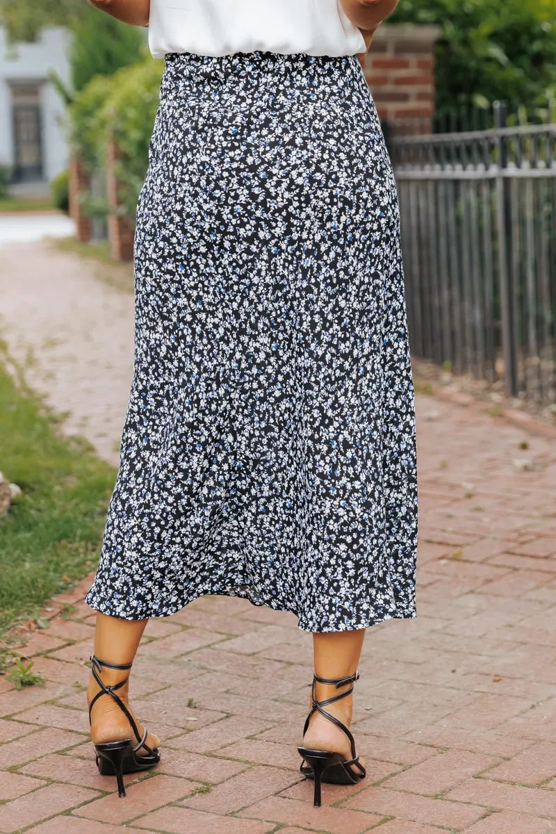 Black Floral Print Straight Midi Skirt - FINAL SALE