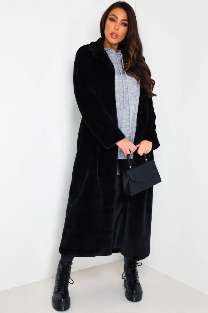 Black Longline Faux Fur Coat