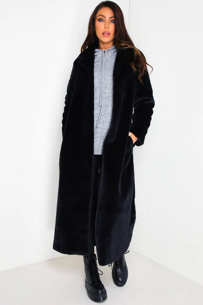 Black Longline Faux Fur Coat