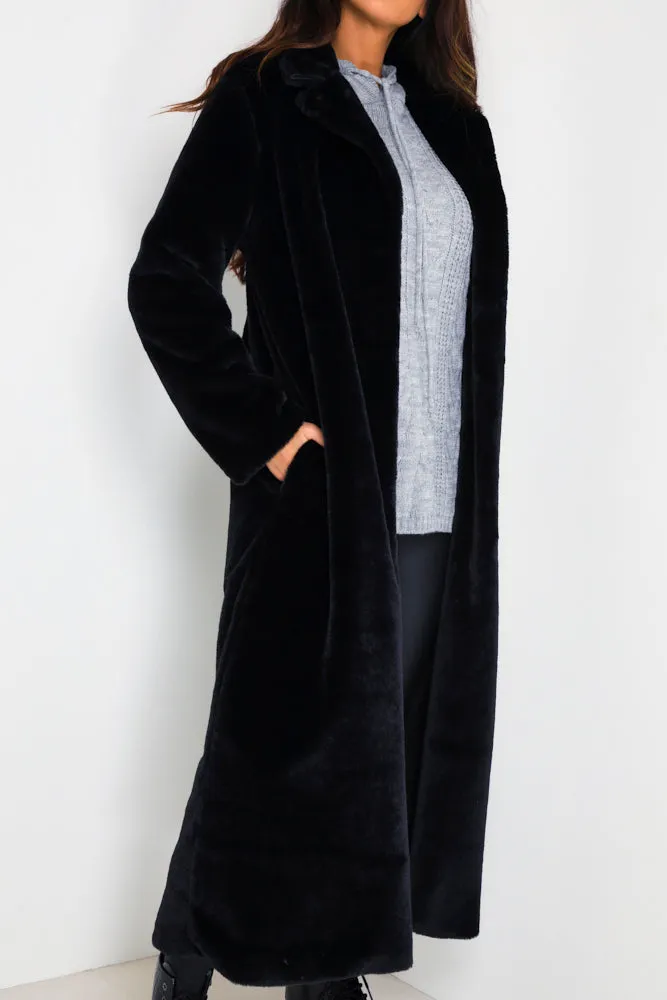 Black Longline Faux Fur Coat