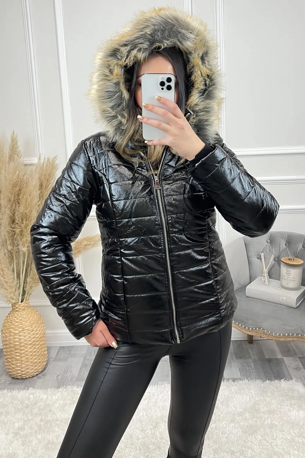 Black Wet Look Faux Fur Puffer Coat