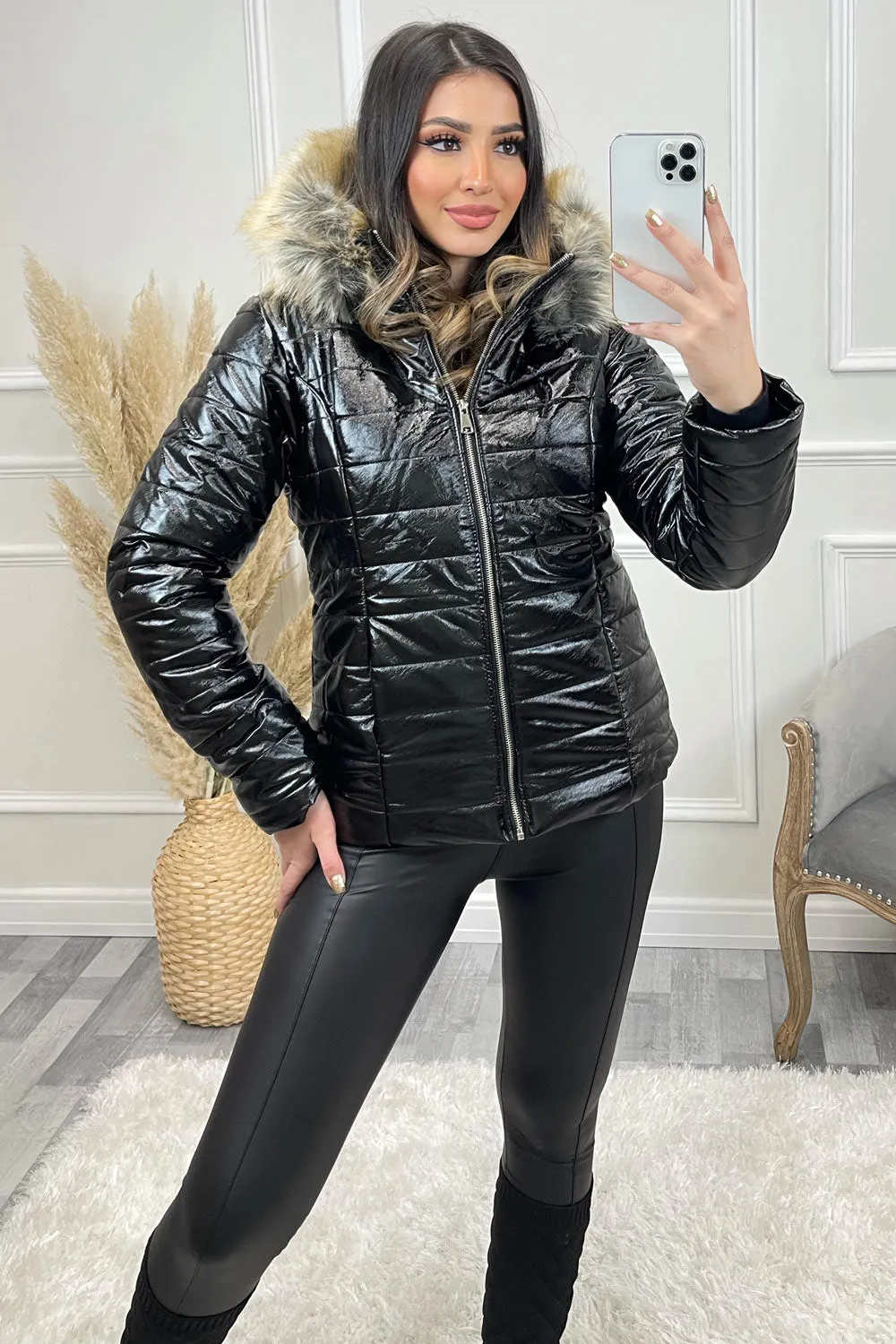 Black Wet Look Faux Fur Puffer Coat