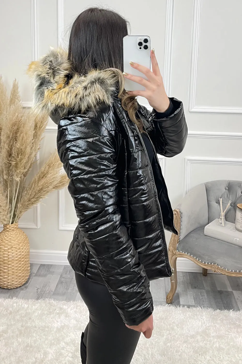 Black Wet Look Faux Fur Puffer Coat