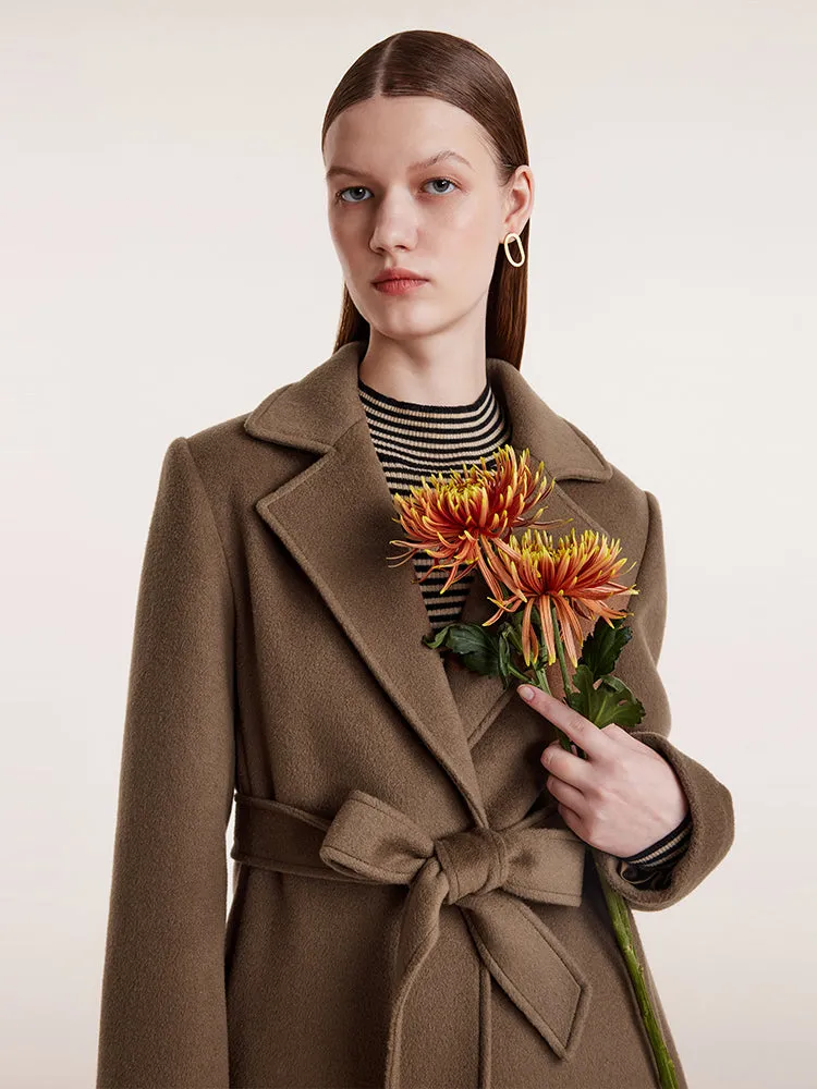 Brown Tencel Wool Notched Lapel Coat With Belt