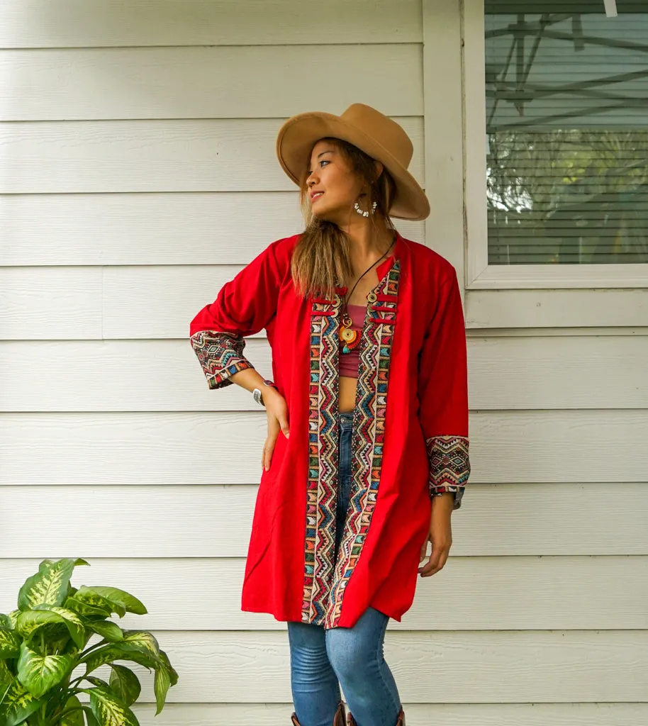 Burgundy Cotton Boho Jacket Cardigan with Pockets