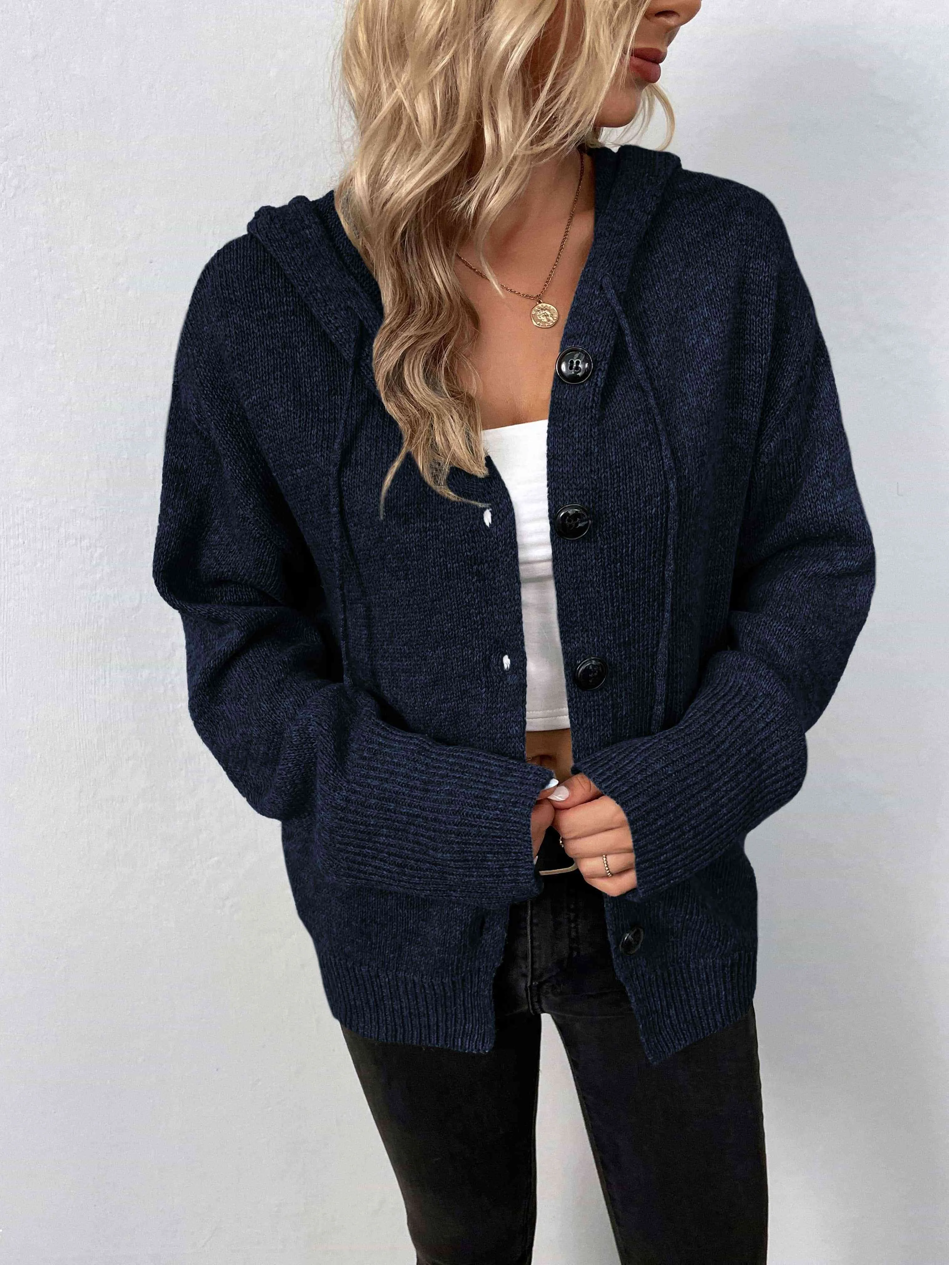 Button-Down Long Sleeve Hooded Sweater