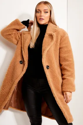 Camel Button Up Teddy Coat