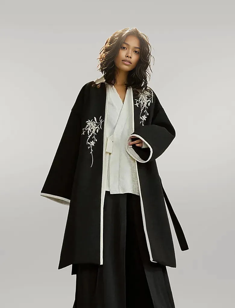 Casual Minimal Goth Kimono Style Coat with Japanese Embroidery