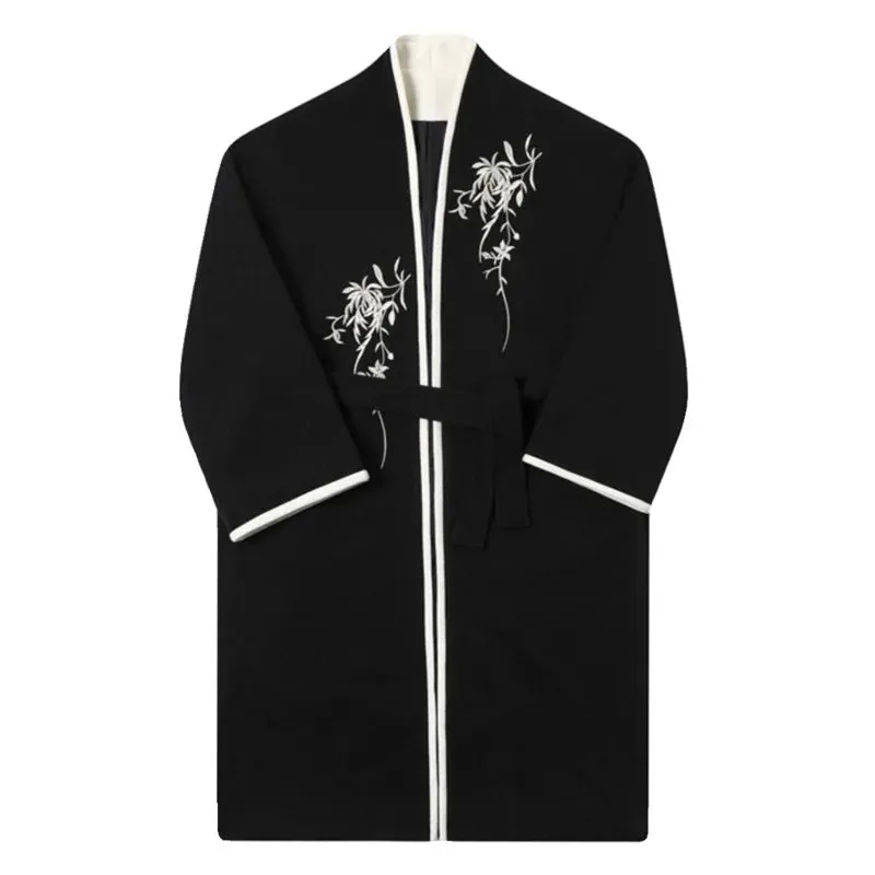 Casual Minimal Goth Kimono Style Coat with Japanese Embroidery