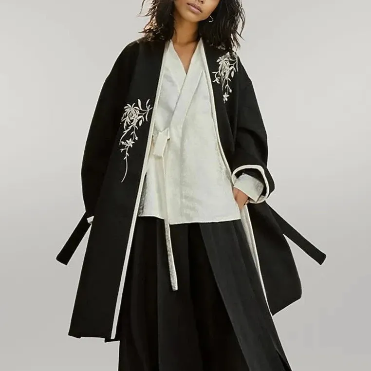 Casual Minimal Goth Kimono Style Coat with Japanese Embroidery