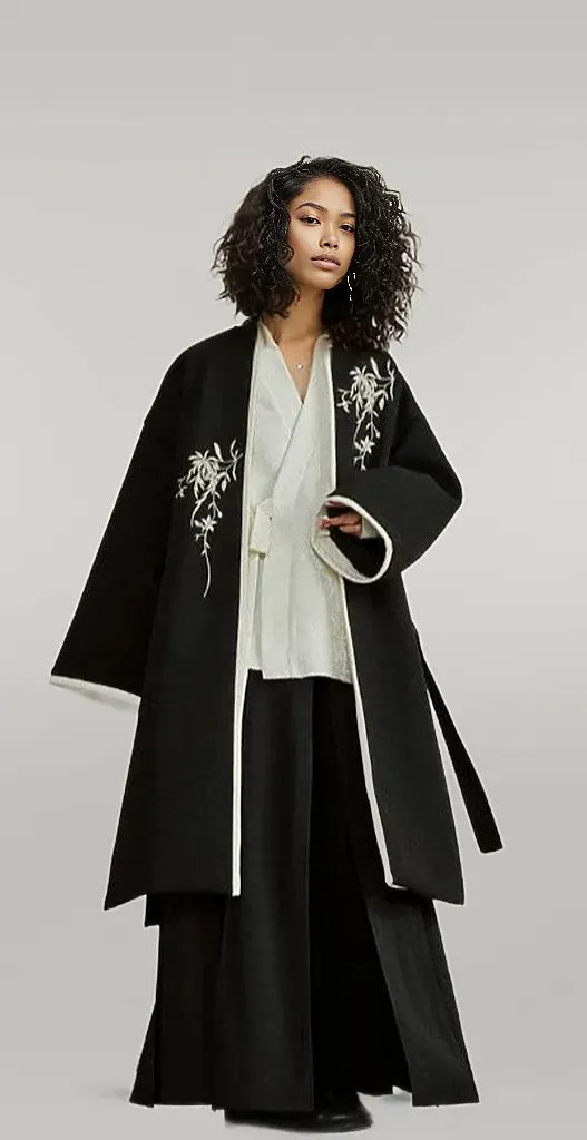 Casual Minimal Goth Kimono Style Coat with Japanese Embroidery