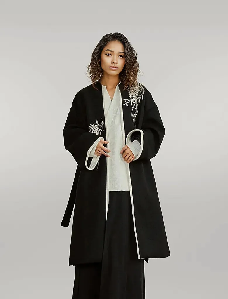 Casual Minimal Goth Kimono Style Coat with Japanese Embroidery