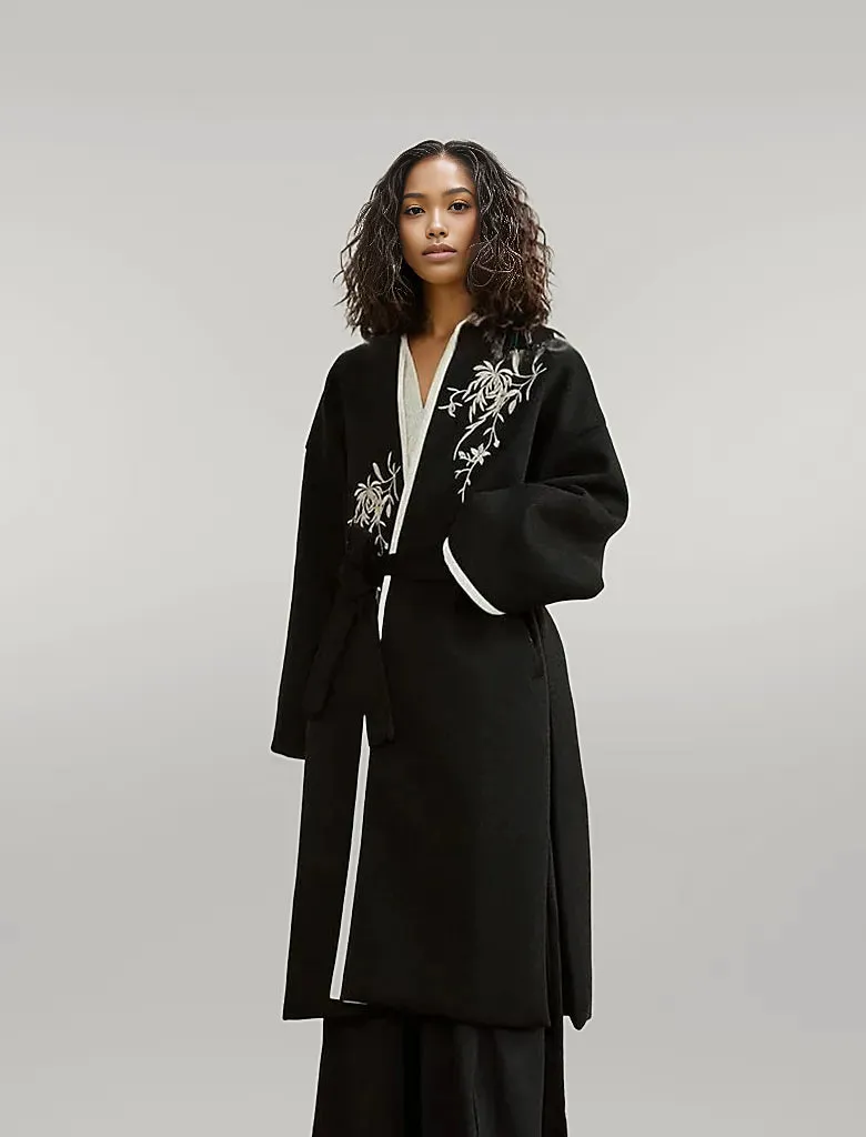 Casual Minimal Goth Kimono Style Coat with Japanese Embroidery