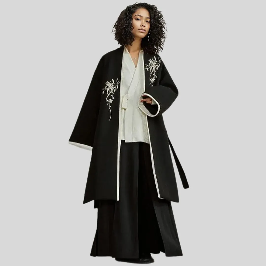 Casual Minimal Goth Kimono Style Coat with Japanese Embroidery