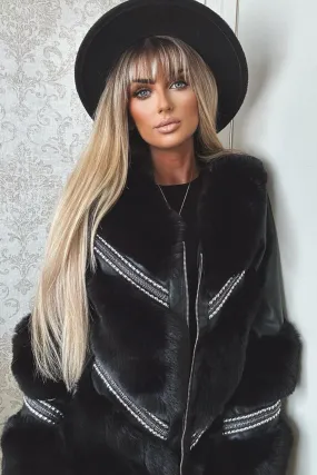 Stylish Black Chevron Faux Fur and Faux Leather Studded Coat