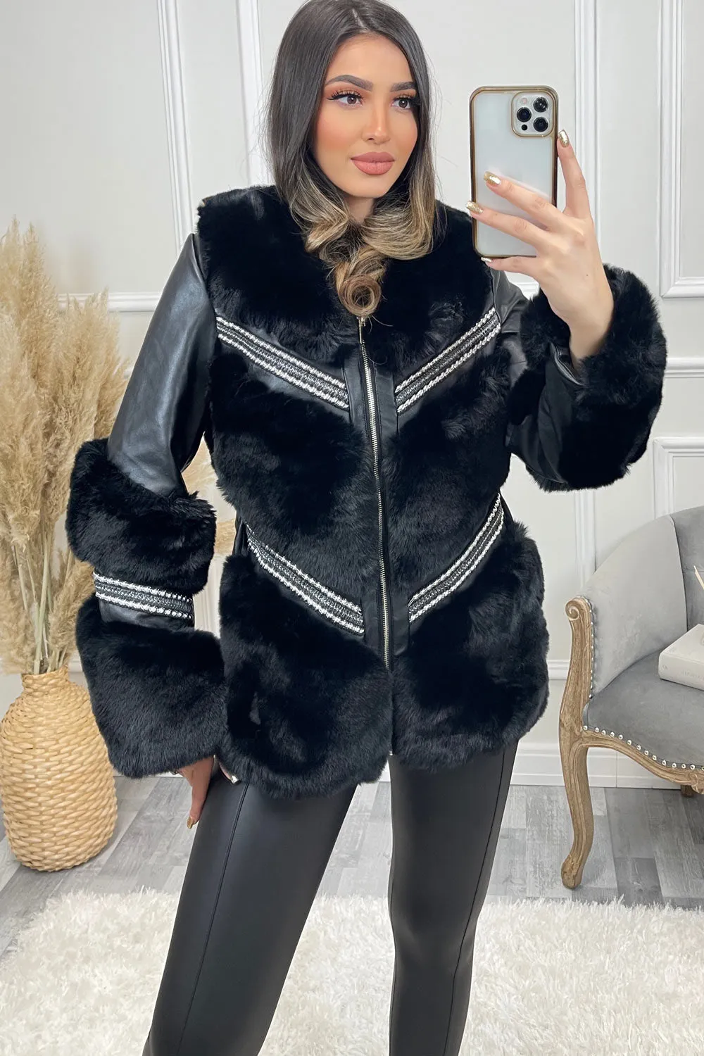 Stylish Black Chevron Faux Fur and Faux Leather Studded Coat