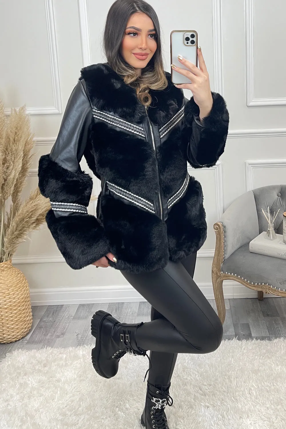 Stylish Black Chevron Faux Fur and Faux Leather Studded Coat