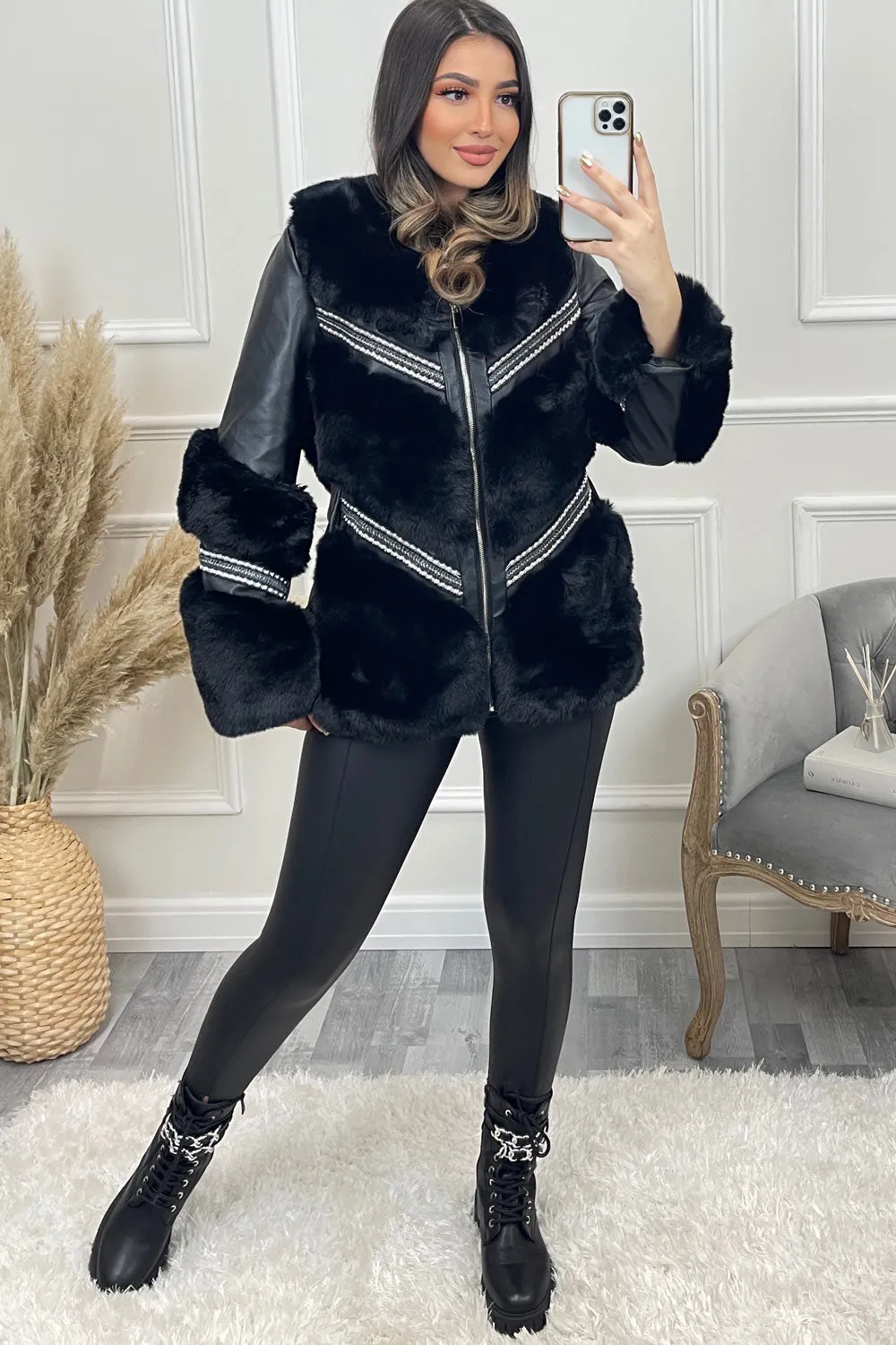 Stylish Black Chevron Faux Fur and Faux Leather Studded Coat