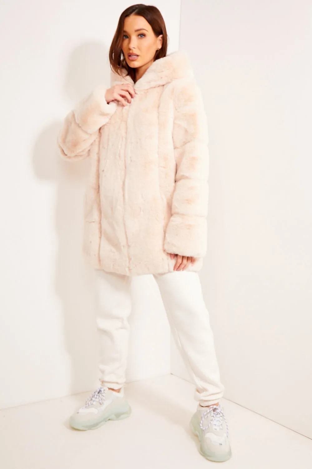 Cream Faux Fur Panelled Hooded Longline Coat