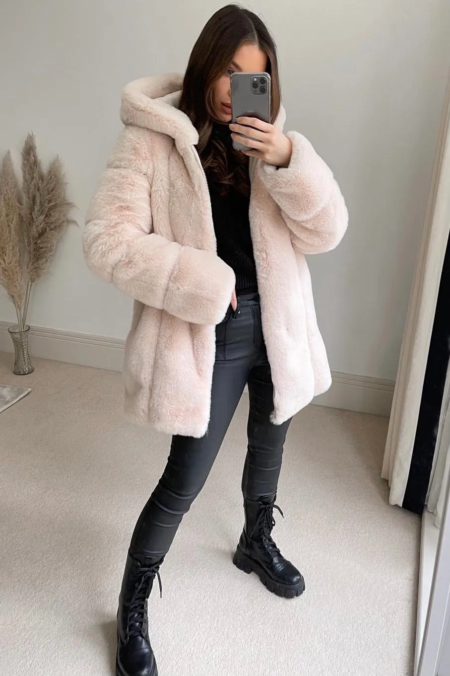 Cream Faux Fur Panelled Hooded Longline Coat