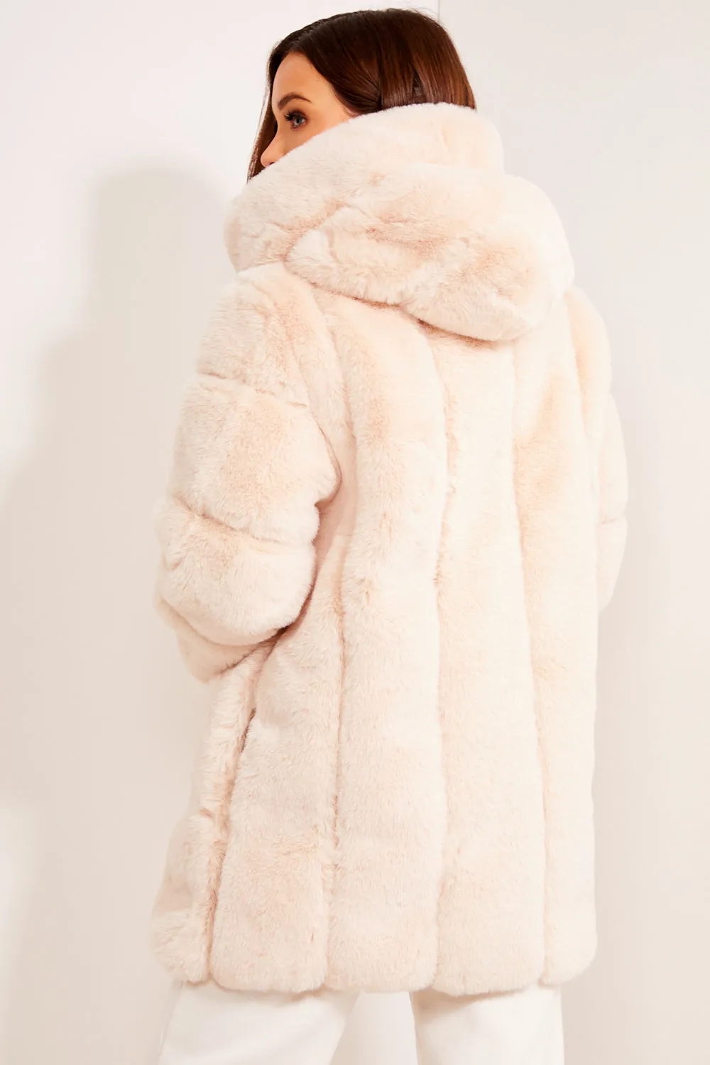 Cream Faux Fur Panelled Hooded Longline Coat