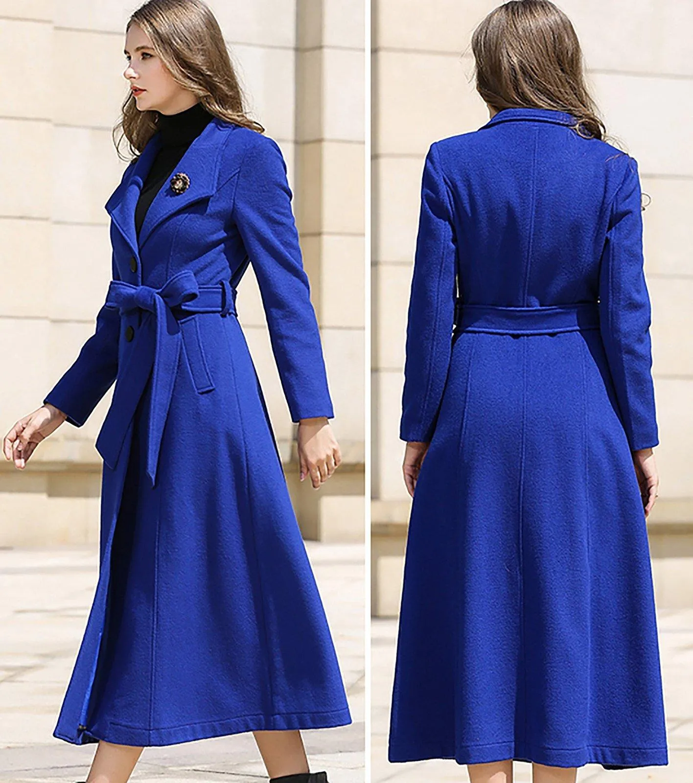 Custom Blue Belted Three Button Fit & Flare Wool Blend Coat