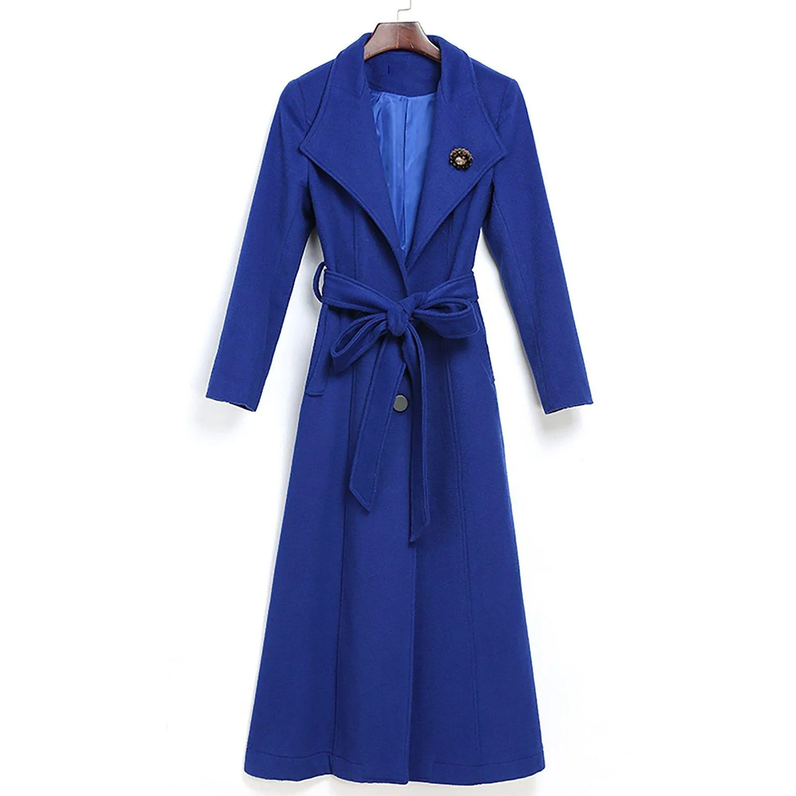 Custom Blue Belted Three Button Fit & Flare Wool Blend Coat